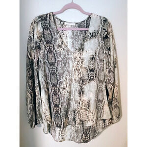 Lavender Brown Silky Polyester Snakeskin Print V-Neck Dressy Tunic Top L